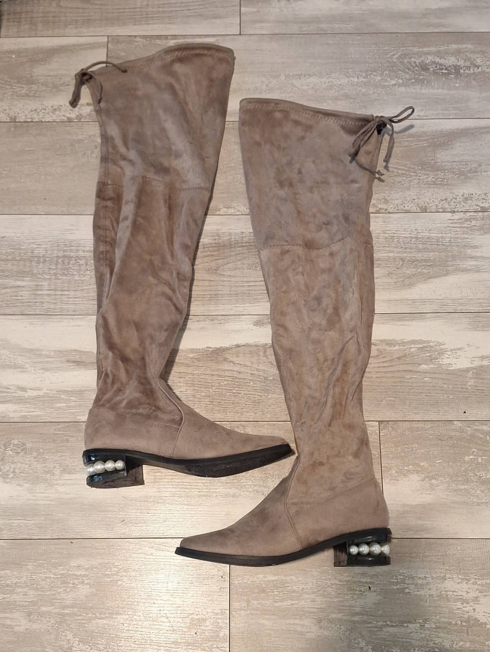 Catherine Malandrino Taupe Suede Over-the-Knee Boots with Pearl Heel Size 8